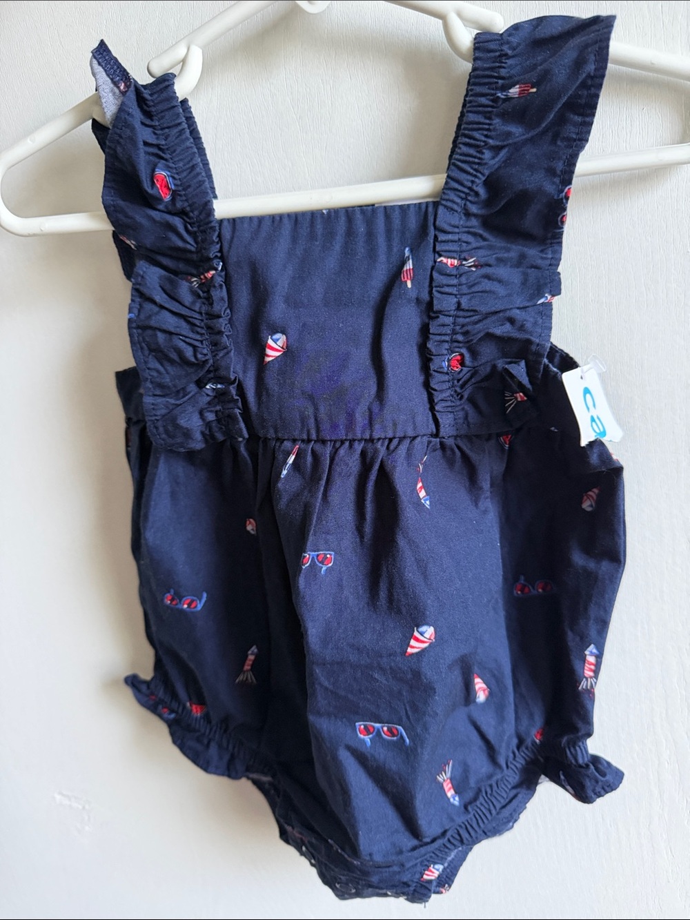 Carter’s  Ruffle Strap Baby Romper with Sunglasses & Firecracker Print